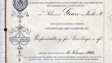 Die Patenturkunde von 1908 vom kaiserlichen Patentamt.
